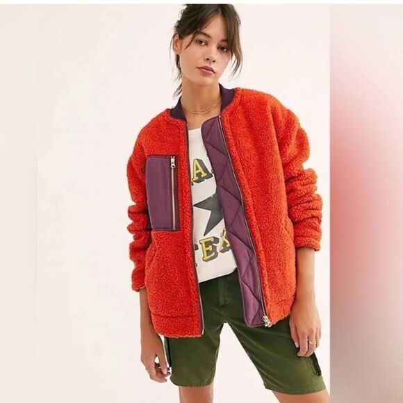 Free people | Rivington Oversized Sherpa Women's red Bomber Jacket | sz medium - Picture 1 of 7